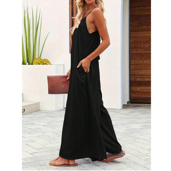 Boho Wide Leg Cami Jumpsuit With Pockets Black - Picture 2 of 7